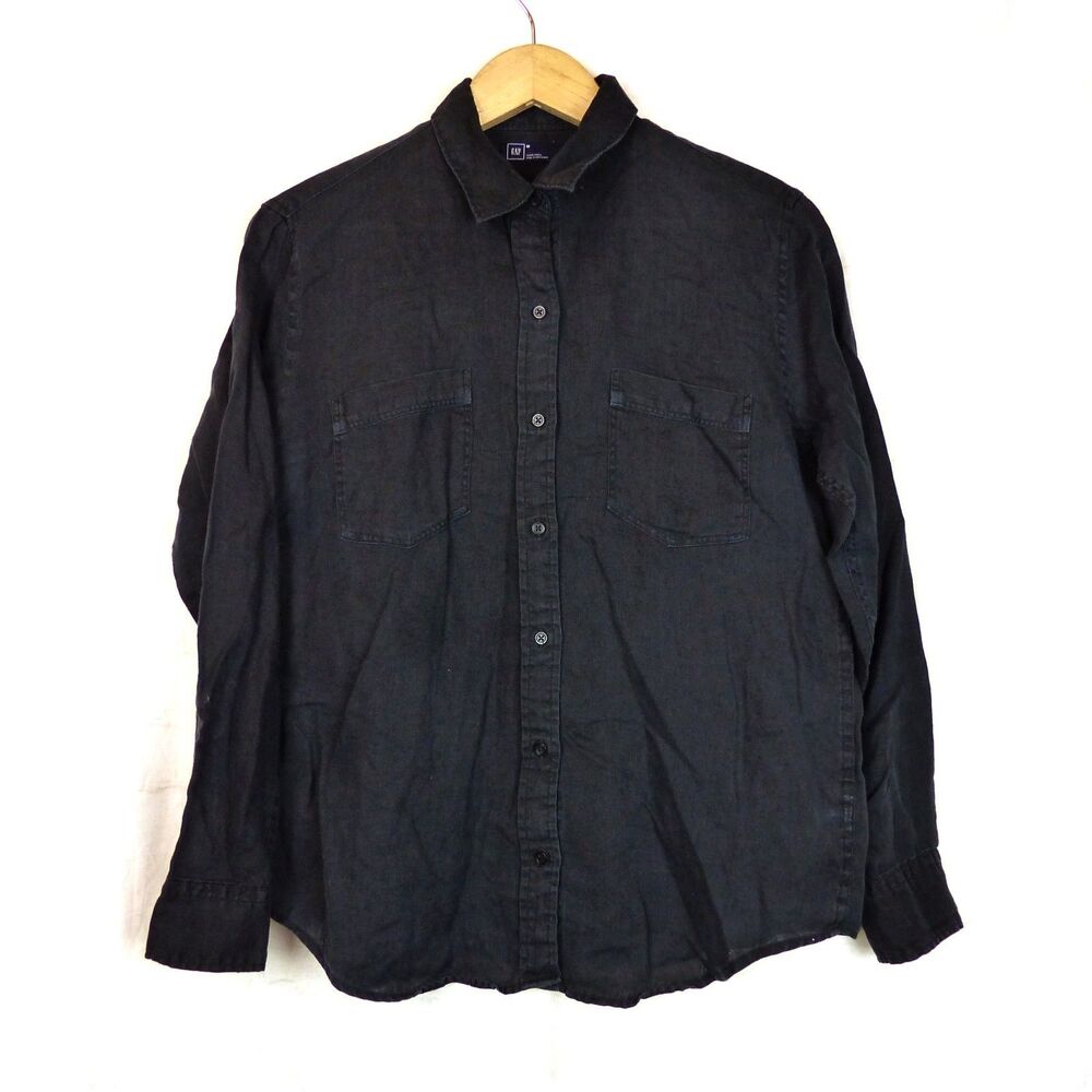 Gap Linen Button Shirt Womens M Relaxed Black Long Sleeve Utility Pockets Preppy